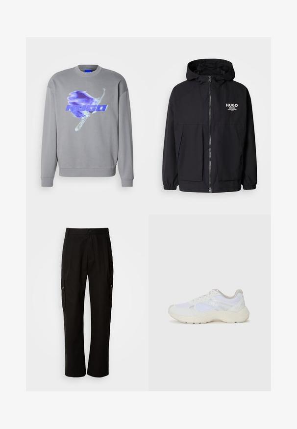 Must tumes jakk, millel on täispikktõmblukk, elastsed mansetid ja kaks esist pocketit. Prinditud logo vasakul rinnal. Sile tekstuur.; Hall gray crewneck-sweater, mille sinine graafika linnust ja sõna "HUGO" trükitud rinnale.; Mustad mustadeks rõivasteks mõeldud puuvillased püksid, millel on lõdva istuvuse disain, küljetaskud, nööbiga sulgemine ja sirged sääred. Lihtne disain ilma mustriteta.; Valged sportlikud jalanõud, mis on valmistatud võrkkangast ja seemisnahast, sisaldavad tekstureeritud vahetald, tekstureeritud aktsentide ning küljes oleva "HUGO" logo.