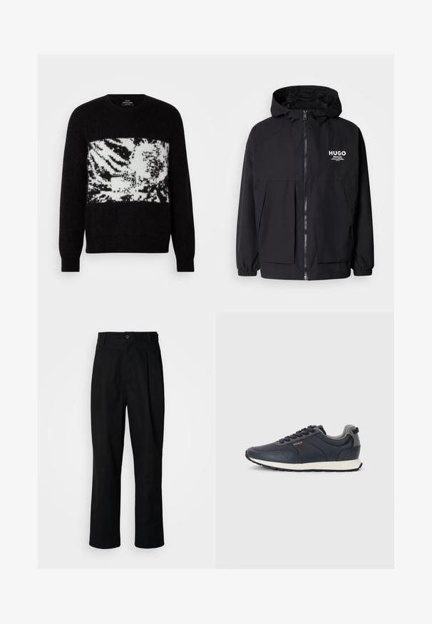 Fekete kapucnis dzseki, teljes elülső cipzárral, elasztikus mandzsettákkal és két elülső zsebbel. Nyomtatott logó a bal mellen. Simább textúra.; Fekete pulóver fehér, absztrakt zebra mintával a mellrészen. Puha anyagú, bordázott mandzsettákkal és kerek nyakkivágással készült.; Fekete egyenes szabású nadrág gombos derékkal, övrutakkal és elülső gyűrődéssel, egy sima fehér háttér előtt.; Tengerészkék sportcipők sima szintetikus felsőrésszel, kerek orral, szürke részletekkel, fűzős kialakítással és fehér középtalppal, melynek textúrázott fekete külső talpa van.