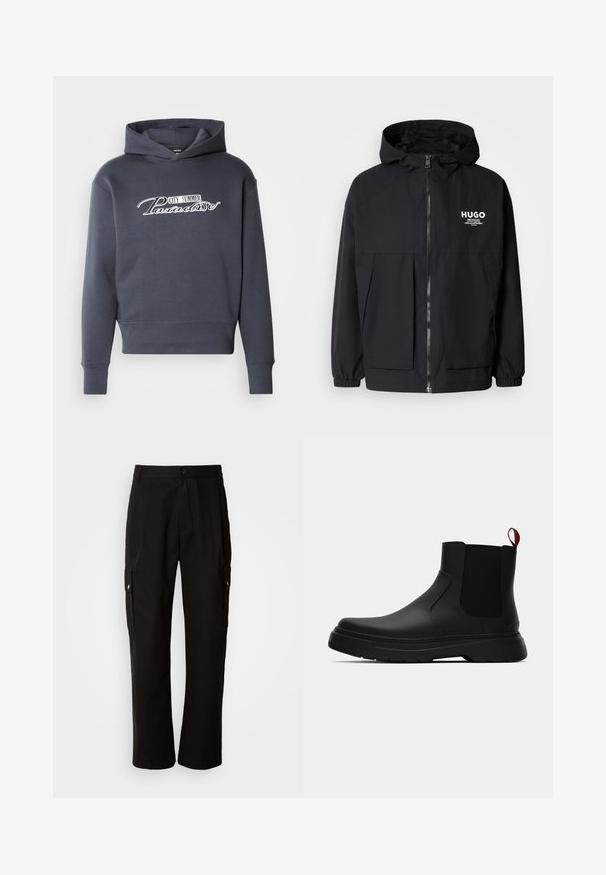 Czarna kurtka z kapturem z pełnym zamkiem z przodu, elastycznymi mankietami i podwójnymi kieszeniami z przodu. Drukowane logo na lewej piersi. Gładka faktura.; Czarna bluza z kapturem w ciemnym szarym kolorze, z białym napisem "CITY SUMMER Paradise" na przodzie. Miękka tkanina, ściągacze przy rękawach i u dołu.; Czarne spodnie cargo wykonane z bawełny, o luźnym kroju, z bocznymi kieszeniami, z zapięciem na guzik i prostymi nogawkami. Prosty design bez wzorów.; Czarny botek za kostkę o gładkim wykończeniu, z elastycznymi bocznymi panelami i kontrastującą czerwoną pętelką, z grubą gumową podeszwą i zaokrąglonym noskiem.