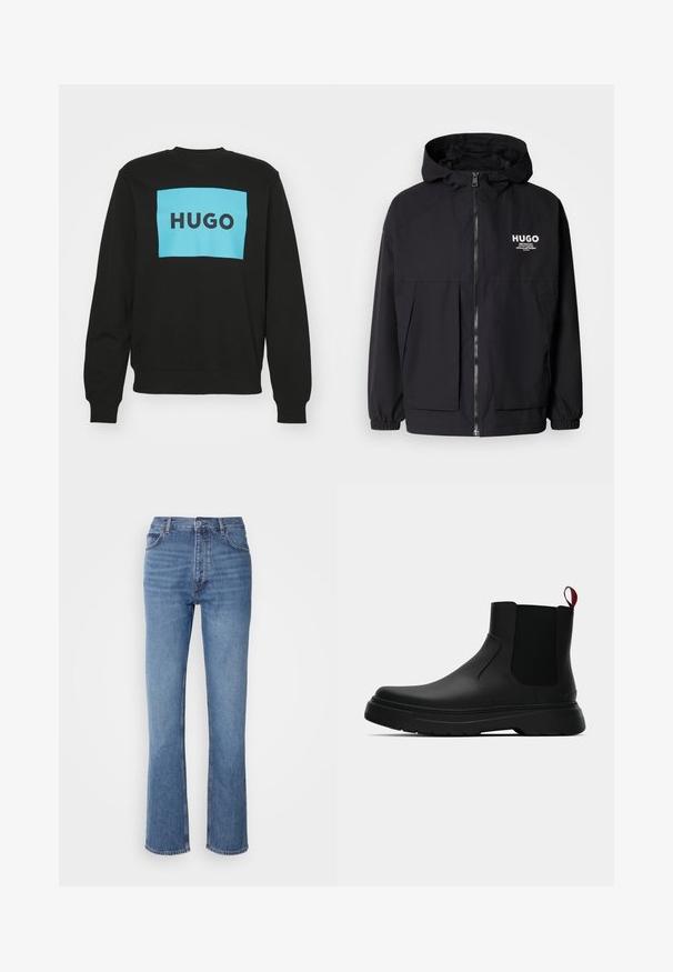 Chaqueta negra con capucha que presenta un cierre frontal completo, puños elásticos y dos bolsillos frontales. Logo impreso en el lado izquierdo del pecho. Textura suave.; HUGO DURAGOL - Sudadera - black; Jeans de mezclilla azul con cintura alta, diseño de pierna recta y un ligero desgaste. Presentan un estilo clásico de cinco bolsillos y un cierre de cremallera.; Botín negro con un acabado liso, paneles laterales elásticos y una lengüeta de tirón roja contrastante, que presenta una suela de goma gruesa y punta redondeada.
