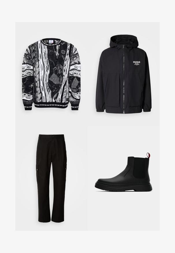 Crna kapuljača s punim prednjim zatvaračem, elastičnim rukavima i dvostrukim prednjim džepovima. Ispisani logo na lijevoj strani prsnog koša. Glatka tekstura.; Crna i bijela pulover s složenim uzorcima, koji prikazuje gradske prizore i apstraktne dizajne. Pleteni teksturiran materijal s rebrastim manžetama i ovratnikom.; Crne cargo hlače od pamuka s opuštenim krojem, koje imaju bočne džepove, kopčanje na gumb i ravne nogavice. Jednostavan dizajn bez uzoraka.; Crni gležnjači s glatkom površinom, elastičnim bočnim panelima i kontrastnom crvenom vučnom petljom, s debelim gumenim potplatom i zaobljenim vrhom.