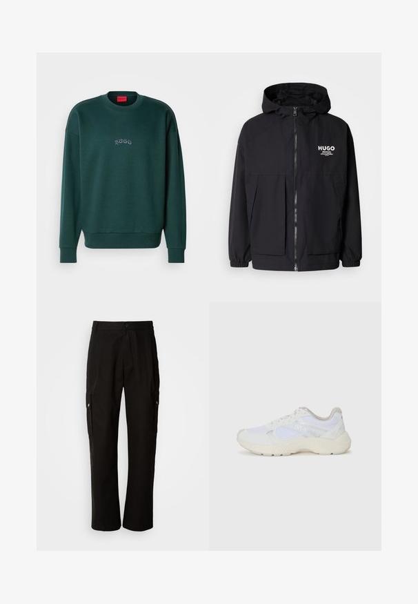 Zwarte hoodie-jack met een volledige rits aan de voorkant, elastische manchetten en twee voorzakken. Gedrukt logo op de linkerborst. Glad textuur.; Donkergroene sweatshirt van zacht materiaal, met een ronde hals, ribgebreide manchetten en een klein geborduurd 'Hugo' logo op de voorkant.; Zwarte cargobroek van katoen met een relaxte pasvorm, voorzien van zijzakken, een knoopsluiting en rechte pijpen. Eenvoudig ontwerp zonder patronen.; Witte sportief schoenen van mesh en suede, met een gestructureerde tussenzool, gestructureerde accenten en het "HUGO" logo aan de zijkant.