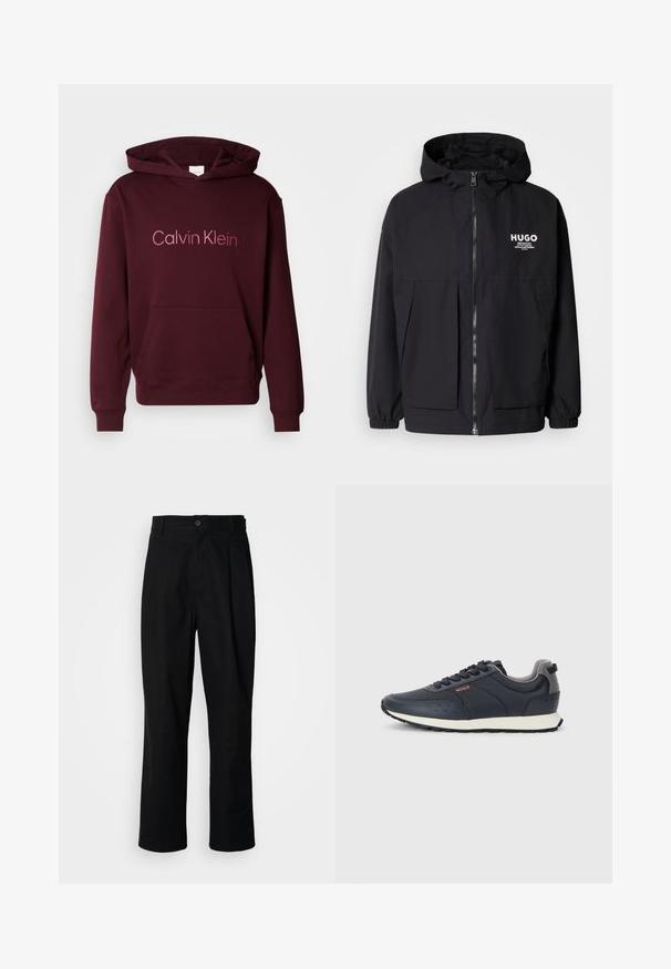 Fekete kapucnis dzseki, teljes elülső cipzárral, elasztikus mandzsettákkal és két elülső zsebbel. Nyomtatott logó a bal mellen. Simább textúra.; Burgundi színű kapucnis pulóver, elöl zsebből, a "Calvin Klein" logó világosabb betűkkel. Puha pamut keverék anyagból készült.; Fekete egyenes szabású nadrág gombos derékkal, övrutakkal és elülső gyűrődéssel, egy sima fehér háttér előtt.; Tengerészkék sportcipők sima szintetikus felsőrésszel, kerek orral, szürke részletekkel, fűzős kialakítással és fehér középtalppal, melynek textúrázott fekete külső talpa van.