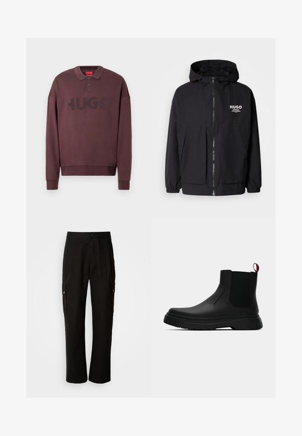 Black hooded jacket featuring a full front zip, elastic cuffs, and dual front pockets. Printed logo on the left chest. Smooth texture.; Long-sleeve dark brown polo sweatshirt with ribbed cuffs, two buttons at the collar, and "HUGO" printed across the chest.; Black cargo pants made of cotton with a relaxed fit, featuring side pockets, a button closure, and straight legs. Simple design without patterns.; Black ankle boot with a smooth finish, elastic side panels, and a contrasting red pull tab, featuring a thick rubber sole and rounded toe.