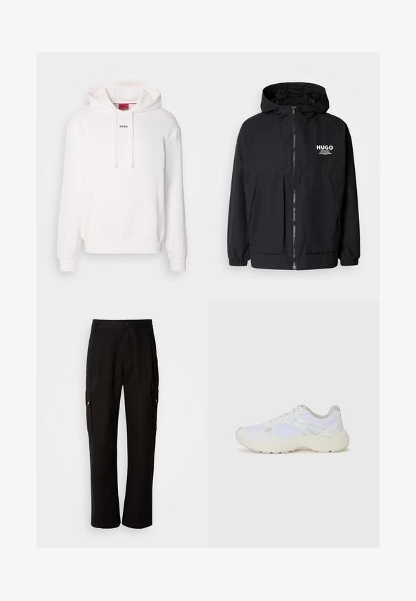 Crna kapuljača s punim prednjim zatvaračem, elastičnim rukavima i dvostrukim prednjim džepovima. Ispisani logo na lijevoj strani prsnog koša. Glatka tekstura.; Bijela dukserica s dugim rukavima, kapuljačom s vezicom, prednjim kengur džepom i suptilnim logotipom "HUGO" na prsima. Meka tekstura tkanine.; Crne cargo hlače od pamuka s opuštenim krojem, koje imaju bočne džepove, kopčanje na gumb i ravne nogavice. Jednostavan dizajn bez uzoraka.; Bijele atletske tenisice napravljene od mrežastog materijala i kože antilop, s teksturiranom srednjom potplatom, teksturiranim detaljima i "HUGO" logotipom sa strane.