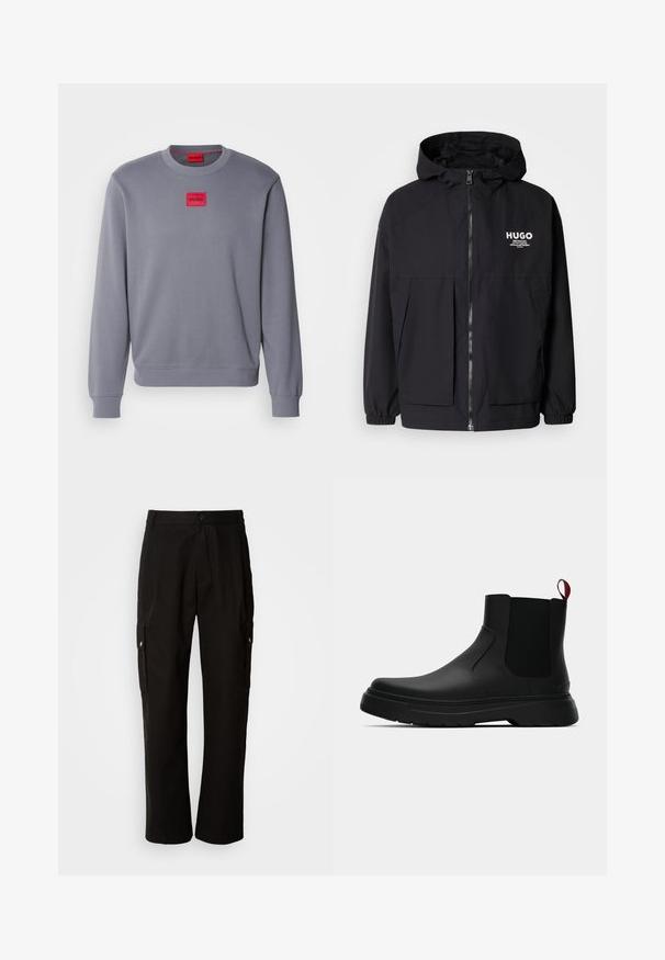 Czarna kurtka z kapturem z pełnym zamkiem z przodu, elastycznymi mankietami i podwójnymi kieszeniami z przodu. Drukowane logo na lewej piersi. Gładka faktura.; Szara bluza z miękkiego materiału, z okrągłym dekoltem, z czerwonym prostokątnym naszywką z logo "HUGO" na piersi. Żebrowane mankiety i dół.; Czarne spodnie cargo wykonane z bawełny, o luźnym kroju, z bocznymi kieszeniami, z zapięciem na guzik i prostymi nogawkami. Prosty design bez wzorów.; Czarny botek za kostkę o gładkim wykończeniu, z elastycznymi bocznymi panelami i kontrastującą czerwoną pętelką, z grubą gumową podeszwą i zaokrąglonym noskiem.