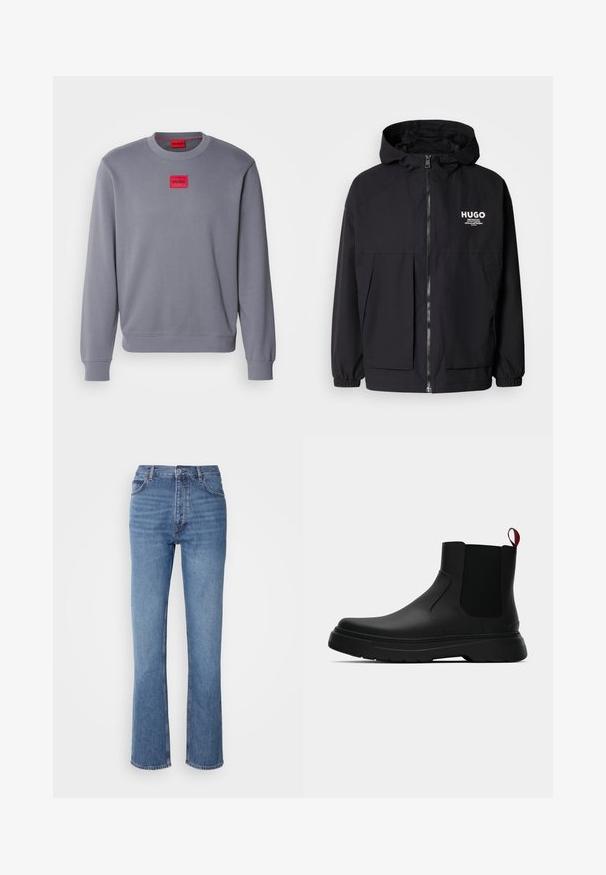 Sort hættejakke med lynlås foran, elastiske manchetter og to foran lommer. Trykt logo på venstre bryst. Glat tekstur.; Grå sweatshirt lavet af blødt stof med rund hals, med et rødt rektangulært mærke med "HUGO" logoet på brystet. Ribbet manchetter og kant.; Blå denimjeans med høj talje, lige ben-design og subtilt slid. Har klassisk fem-lommers stil og lynlås lukning.; Sort ankelstøvle med en glat overflade, elastiske sidepaneler og en kontrasterende rød træksløjfe, der har en tyk gummisål og rund tå.