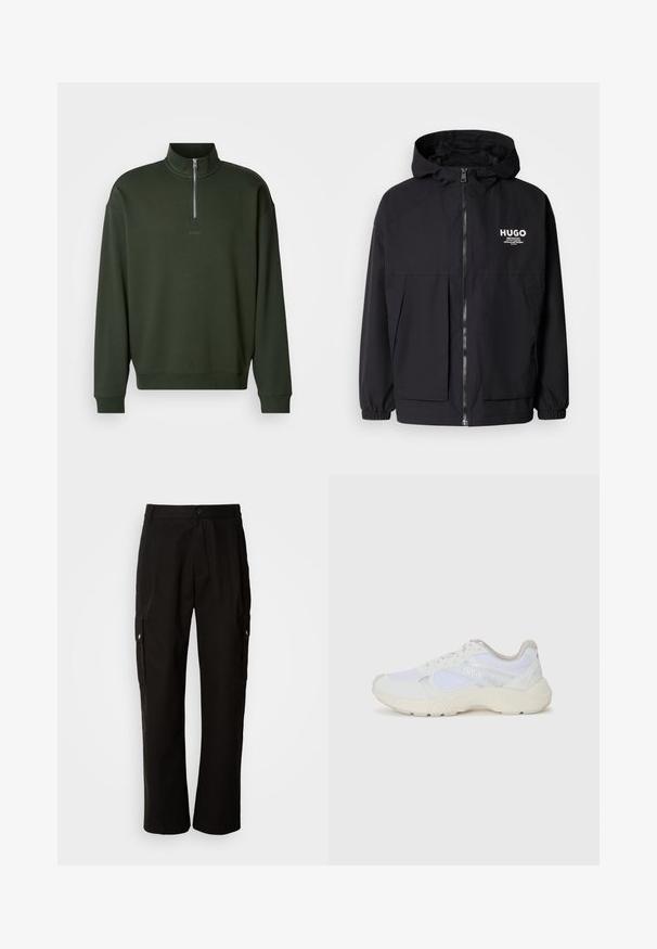 Svart huva jacka med full dragkedja fram, elastiska ärmslut och dubbla framfickor. Tryckt logotyp på vänster bröst. Slät textur.; Mörkgrön college-tröja med kvartsgömning, ribbade ärmslut och nederkant. Har subtil "HUGO"-logotyp framtill. Mjukt material.; Svarta cargobyxor i bomull med avslappnad passform, utrustade med sidofickor, knapplås och raka ben. Enkelt design utan mönster.; Vitaidrottsskor i mesh och mocka med en strukturerad mellansula, texturerade accenter och "HUGO"-logotypen på sidan.