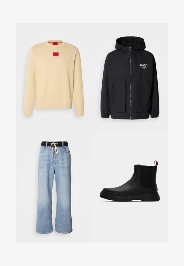 Fekete kapucnis dzseki, teljes elülső cipzárral, elasztikus mandzsettákkal és két elülső zsebbel. Nyomtatott logó a bal mellen. Simább textúra.; Világos bézs pamut pulóver. Jellemzője egy piros négyzet alakú logó folt a mellkason, valamint bordázott mandzsetta és szegély. Sima felület.; Világoskék, bő szárú farmernadrág fekete, elasztikus derékpánttal, húzózsinórral és klasszikus öt zsebes kialakítással.; Fekete bokacipő sima felülettel, ruganyos oldalsó panelek és kontrasztos piros húzópánt jellemzi, vastag gumitalppal és lekerekített orral.
