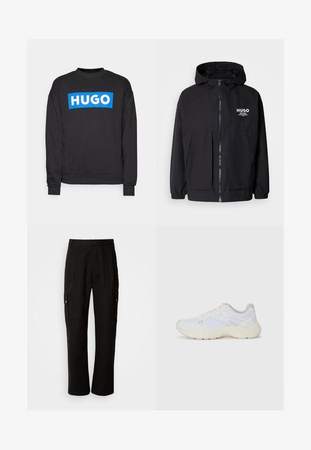 Jachetă neagră cu glugă, având un fermoar complet pe față, manșete elastice și două buzunare frontale. Logo imprimat pe partea stângă a pieptului. Textură netedă.; Hanorac negru din amestec de bumbac, având un logo rectangular mare de culoare albastră cu "HUGO" scris cu litere albe pe față.; Pantaloni cargo negri din bumbac, cu o croială lejeră, având buzunare laterale, închidere cu nasture și picioare drepte. Design simplu, fără modele.; Adidași albi, din plasă și piele întoarsă, cu o talpă intermediară texturată, accente texturate și logo-ul "HUGO" pe lateral.
