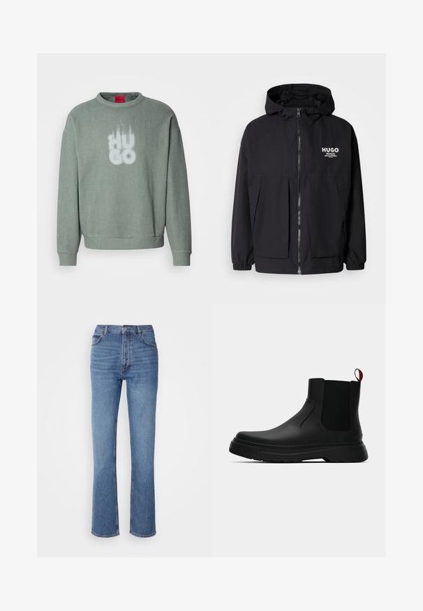 Crna kapuljača s punim prednjim zatvaračem, elastičnim rukavima i dvostrukim prednjim džepovima. Ispisani logo na lijevoj strani prsnog koša. Glatka tekstura.; Svijetlozeleni rebrasti dukserica s okruglim izrezom i suptilnom grafikom riječi "HUGO" u bijeloj boji sprijeda.; Plave traperice s visokim strukom, ravnim krojem i suptilnim izbljeđivanjem. Imaju klasičan stil s pet džepova i zatvaranje na patentni zatvarač.; Crni gležnjači s glatkom površinom, elastičnim bočnim panelima i kontrastnom crvenom vučnom petljom, s debelim gumenim potplatom i zaobljenim vrhom.