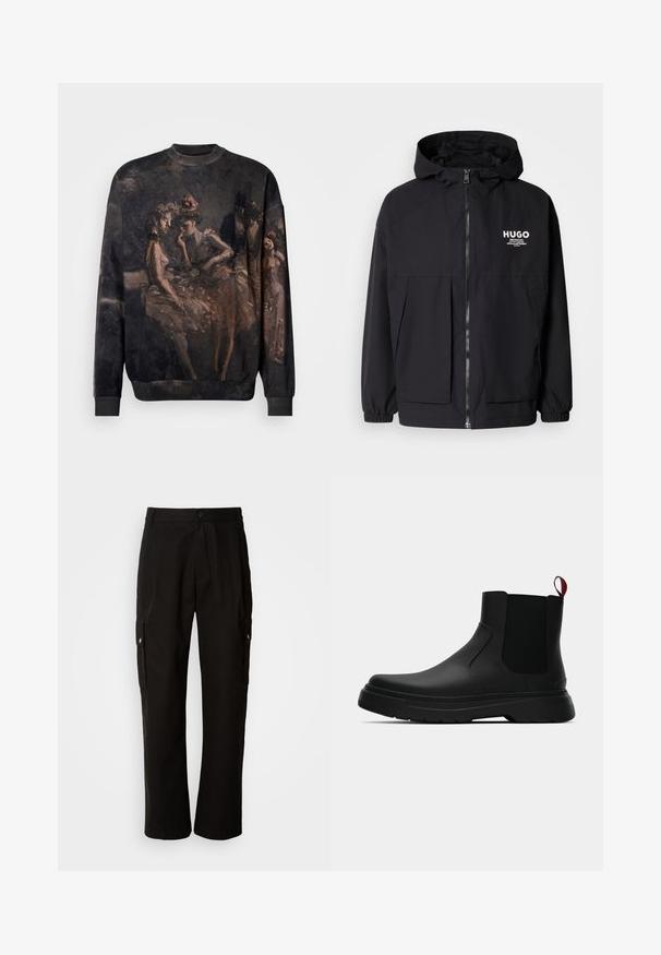 Sort hættejakke med lynlås foran, elastiske manchetter og to foran lommer. Trykt logo på venstre bryst. Glat tekstur.; Mørk sweater med et kunstnerisk print af vintage dansere i elegante kjoler og hatte, fanget i bløde, dæmpede nuancer.; Sorte cargo bukser lavet af bomuld med en afslappet pasform, der har sidelommer, knaplukning og lige ben. Enkel design uden mønstre.; Sort ankelstøvle med en glat overflade, elastiske sidepaneler og en kontrasterende rød træksløjfe, der har en tyk gummisål og rund tå.