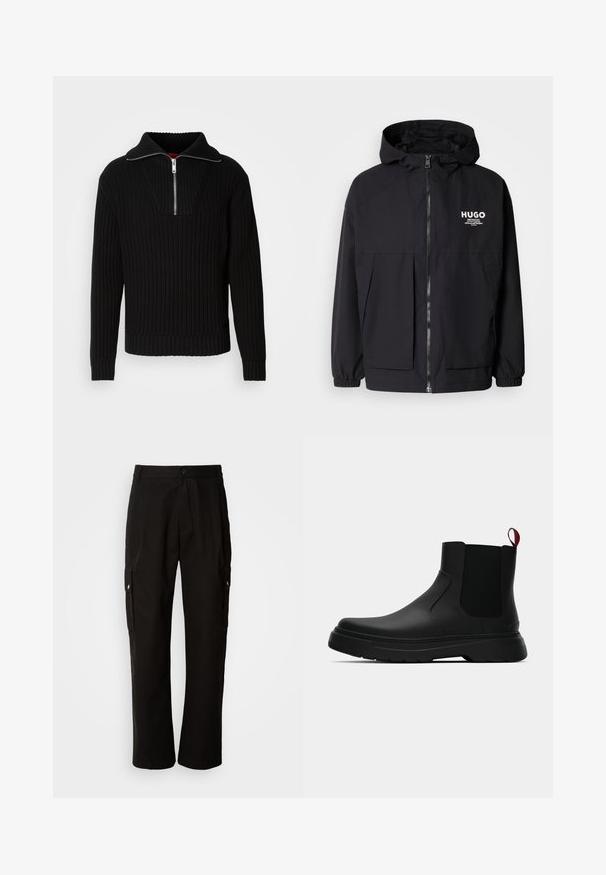 Black hooded jacket featuring a full front zip, elastic cuffs, and dual front pockets. Printed logo on the left chest. Smooth texture.; Black ribbed sweater with a high collar and short zipper. Features textured fabric and fitted cuffs, providing a structured silhouette.; Black cargo pants made of cotton with a relaxed fit, featuring side pockets, a button closure, and straight legs. Simple design without patterns.; Black ankle boot with a smooth finish, elastic side panels, and a contrasting red pull tab, featuring a thick rubber sole and rounded toe.