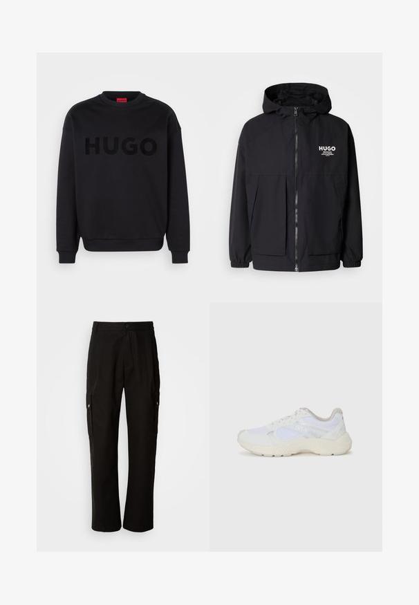 Must tumes jakk, millel on täispikktõmblukk, elastsed mansetid ja kaks esist pocketit. Prinditud logo vasakul rinnal. Sile tekstuur.; Must värvi pehme materjaliga sweatshirt, millel on ümmargune kaelus ja pikad varrukad. Sõna "HUGO" on silmatorkavalt väljatoodud läikivas mustas fondis.; Mustad mustadeks rõivasteks mõeldud puuvillased püksid, millel on lõdva istuvuse disain, küljetaskud, nööbiga sulgemine ja sirged sääred. Lihtne disain ilma mustriteta.; Valged sportlikud jalanõud, mis on valmistatud võrkkangast ja seemisnahast, sisaldavad tekstureeritud vahetald, tekstureeritud aktsentide ning küljes oleva "HUGO" logo.