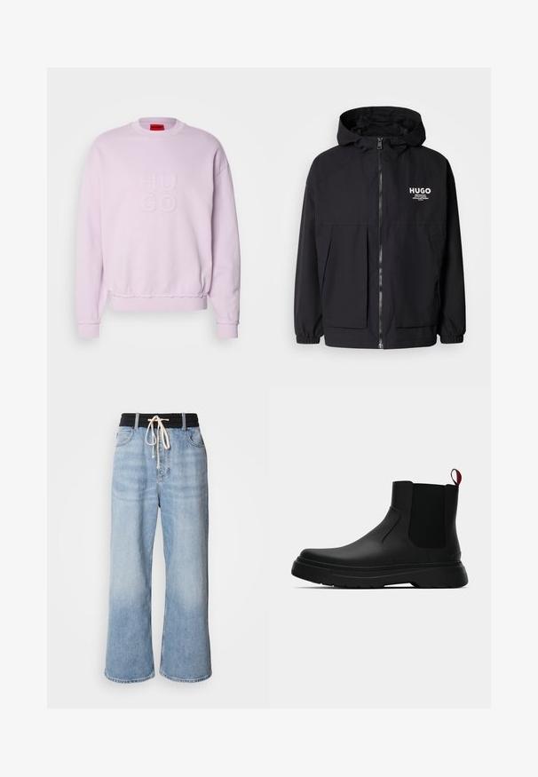 Giacca nera con cappuccio caratterizzata da una zip frontale completa, polsini elasticizzati e due tasche frontali. Logo stampato sul lato sinistro del petto. Texture liscia.; Felpa rosa chiaro realizzata in misto cotone, con colletto a coste, orlo elasticizzato e logo "HUGO" in rilievo sul davanti.; Jeans blu chiaro a gamba larga con vita elastica nera, dotati di chiusura con coulisse e design classico a cinque tasche.; Stivale alla caviglia nero con finitura liscia, pannelli laterali elastici e un tab di presa rosso a contrasto, dotato di una suola in gomma spessa e punta arrotondata.