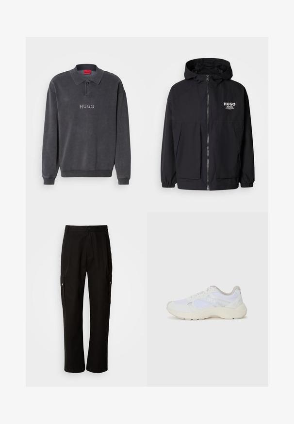 Svart hettegenser med full frontglidelås, elastiske mansjetter og doble frontlommer. Trykt logo på venstre bryst. Glatt tekstur.; Mørkegrå langermet polo skjorte med klassisk krage, ribbede mansjetter og broderte "HUGO"-logo på fronten. Myk bomullsblanding.; Svart cargobukse laget av bomull med avslappet passform, med sidelommer, knappeåpning og rette ben. Enkelt design uten mønstre.; Hvit idrettssko laget av mesh og skinn, med en teksturert mellomsåle, teksturerte detaljer og "HUGO"-logo på siden.
