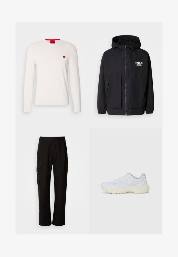 Crna kapuljača s punim prednjim zatvaračem, elastičnim rukavima i dvostrukim prednjim džepovima. Ispisani logo na lijevoj strani prsnog koša. Glatka tekstura.; Bijela majica s okruglim izrezom i dugim rukavima, izrađena od mekog materijala. Ima mali crveni logo na prsima i kontrastni crveni oznaku na izrezu.; Crne cargo hlače od pamuka s opuštenim krojem, koje imaju bočne džepove, kopčanje na gumb i ravne nogavice. Jednostavan dizajn bez uzoraka.; Bijele atletske tenisice napravljene od mrežastog materijala i kože antilop, s teksturiranom srednjom potplatom, teksturiranim detaljima i "HUGO" logotipom sa strane.