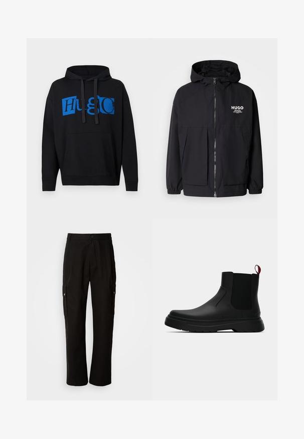 Černá kapucňová bunda s plným předním zipem, elastickými manžetami a dvojitými předními kapsami. Tištěné logo na levém prsu. Hladká textura.; Černá mikina s kapucí se velkým modrým grafickým nápisem "Hugo" na přední straně, přední kapsou a šňůrkou na kapuci. Klasický design.; Černé cargo kalhoty vyrobené z bavlny s uvolněným střihem, vybavené bočními kapsami, zapínáním na knoflík a rovnými nohavicemi. Jednoduchý design bez vzorů.; Černé kotníkové boty s hladkým povrchem, elastickými bočními panely a kontrastním červeným poutkem, s tlustou gumovou podrážkou a zaoblenou špičkou.