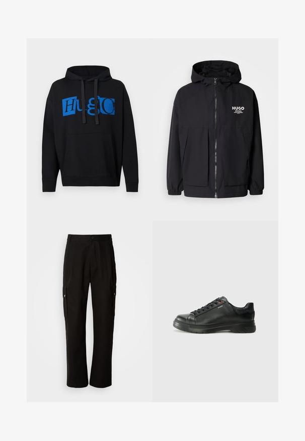 Must tumes jakk, millel on täispikktõmblukk, elastsed mansetid ja kaks esist pocketit. Prinditud logo vasakul rinnal. Sile tekstuur.; Must mustaga, millel on ees suur sinine "Hugo" graafika, eesmine tasku ja nööridega kapuuts. Klassikaline disain.; Mustad mustadeks rõivasteks mõeldud puuvillased püksid, millel on lõdva istuvuse disain, küljetaskud, nööbiga sulgemine ja sirged sääred. Lihtne disain ilma mustriteta.; Must musta tennis, mille tekstuuriga pealis, pehmendatud krae ja punane logo detail. Omab paksu kummist tallat, millel on selge tallamuster.
