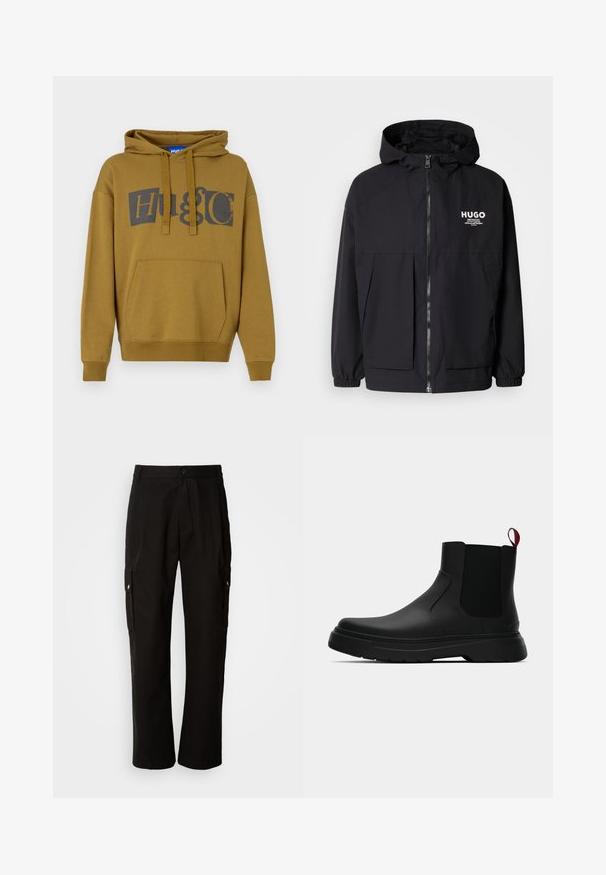 Juodas gobtuvas striukė su pilnu priekiniu užtrauktuku, elastinėmis rankovėmis ir dviem priekinėmis kišenėmis. Spausdintas logo ant kairės krūtinės. Lygus tekstūruotas paviršius.; Alyvuogių spalvos džemperis su gobtuvu, puikuojantis dideliu tamsiai pilku "HUGO" logotipu. Yra priekinė kengūros kišenė ir džinsinio tipo rankogaliai bei apatinė dalis.; Juodos krovinių kelnės, pagamintos iš medvilnės, laisvo kirpimo, su šoninėmis kišenėmis, mygtuko uždarymu ir tiesiomis kojomis. Paprastas dizainas, be raštų.; Juodas kulkšninis batas su lygiu paviršiumi, elastiniais šonų intarpais ir kontrastingu raudonu kilimėliu, turintis storą guminį pado ir apvalią nosį.