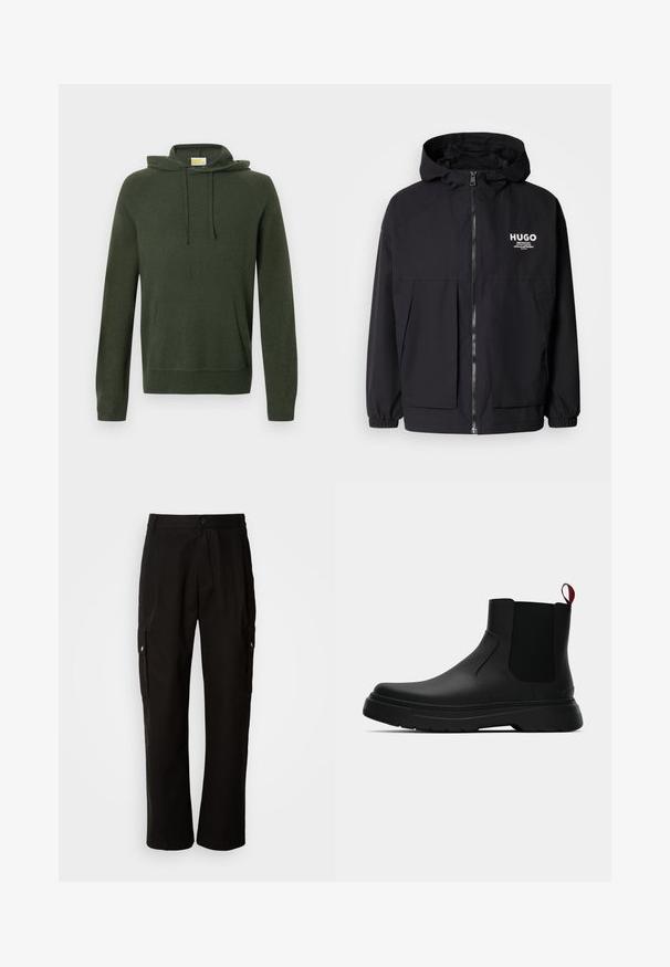 Zwarte hoodie-jack met een volledige rits aan de voorkant, elastische manchetten en twee voorzakken. Gedrukt logo op de linkerborst. Glad textuur.; Olijfgroene hoodie met een koord in de capuchon, een voorzak, ribgebreide manchetten en een onderrand. Gemaakt van een zacht materiaal met een gladde textuur.; Zwarte cargobroek van katoen met een relaxte pasvorm, voorzien van zijzakken, een knoopsluiting en rechte pijpen. Eenvoudig ontwerp zonder patronen.; Zwarte enkelboot met een gladde afwerking, elastische zijpanelen en een contrasterende rode treklus, met een dikke rubberen zool en een afgeronde teen.