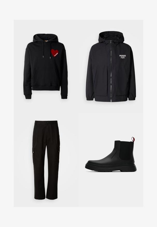 Čierna kapucňová bunda s plným predným zipsom, elastickými manžetami a dvojitými prednými vreckami. Tlačené logo na ľavej hrudi. Hladký povrch.; Čierna mikina s kapucňou, predným vreckom, šnúrkami a červeným srdcom so slovom "FUTURE" v bielej farbe. Mäkkučký bavlnený materiál.; Čierne cargo nohavice vyrobené z bavlny s voľným strihom, majú bočné vrecká, zapínanie na gombík a rovné nohavice. Jednoduchý dizajn bez vzorov.; Čierne členkové topánky s hladkým povrchom, elastickými bočnými panelmi a kontrastným červeným poutkom, vybavené hrubou gumovou podrážkou a zaoblenou špičkou.