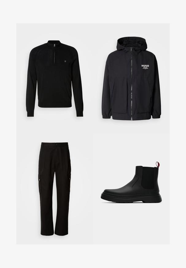 Zwarte hoodie-jack met een volledige rits aan de voorkant, elastische manchetten en twee voorzakken. Gedrukt logo op de linkerborst. Glad textuur.; Zwarte gebreide trui met een halve rits kraag, geribde manchetten, textuurdetails op de schouders en een klein logo op de borst.; Zwarte cargobroek van katoen met een relaxte pasvorm, voorzien van zijzakken, een knoopsluiting en rechte pijpen. Eenvoudig ontwerp zonder patronen.; Zwarte enkelboot met een gladde afwerking, elastische zijpanelen en een contrasterende rode treklus, met een dikke rubberen zool en een afgeronde teen.