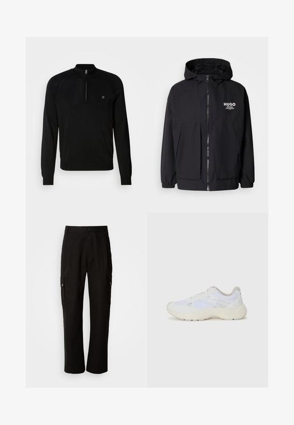 Černá kapucňová bunda s plným předním zipem, elastickými manžetami a dvojitými předními kapsami. Tištěné logo na levém prsu. Hladká textura.; Černý pletený svetr s límcem na půl zip, žebrovanými manžetami, texturovanými detaily na ramenou a malým logem na hrudi.; Černé cargo kalhoty vyrobené z bavlny s uvolněným střihem, vybavené bočními kapsami, zapínáním na knoflík a rovnými nohavicemi. Jednoduchý design bez vzorů.; Bílé sportovní boty vyrobené z síťoviny a semiše, s texturovanou mezipodešví, texturovanými akcenty a logem "HUGO" na boku.