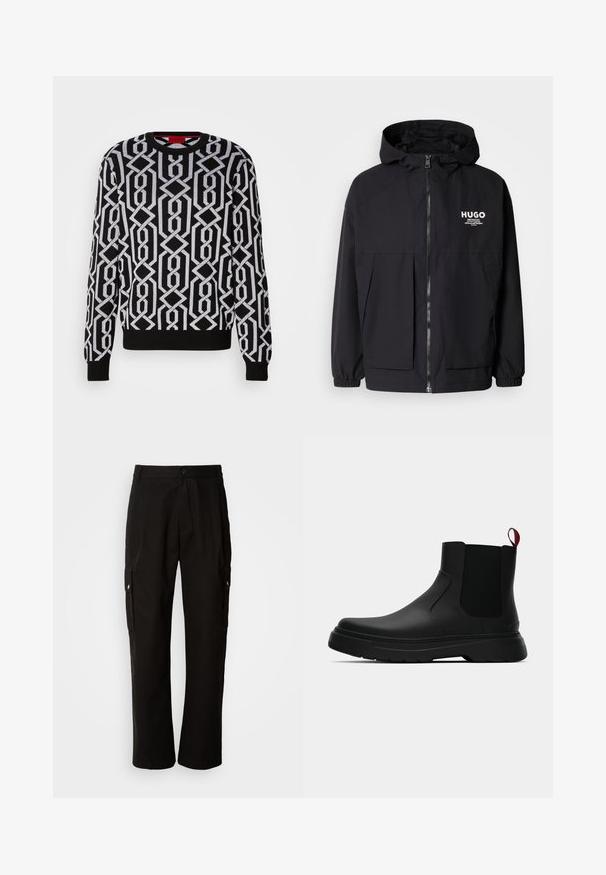 Zwarte hoodie-jack met een volledige rits aan de voorkant, elastische manchetten en twee voorzakken. Gedrukt logo op de linkerborst. Glad textuur.; Zwarte trui met een geometrisch wit patroon, ronde halslijn, lange mouwen en ribgebreide boorden en onderrand. Gemaakt van een gebreid materiaal.; Zwarte cargobroek van katoen met een relaxte pasvorm, voorzien van zijzakken, een knoopsluiting en rechte pijpen. Eenvoudig ontwerp zonder patronen.; Zwarte enkelboot met een gladde afwerking, elastische zijpanelen en een contrasterende rode treklus, met een dikke rubberen zool en een afgeronde teen.