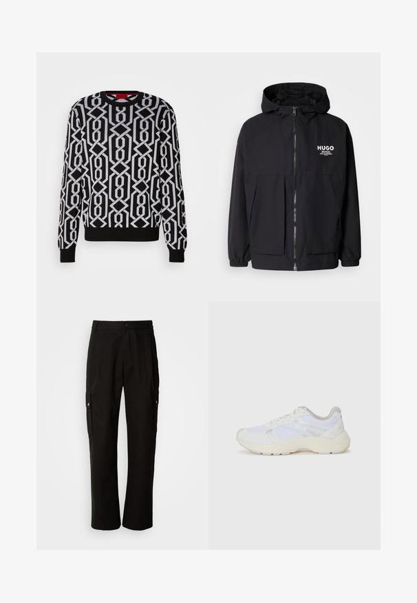 Zwarte hoodie-jack met een volledige rits aan de voorkant, elastische manchetten en twee voorzakken. Gedrukt logo op de linkerborst. Glad textuur.; Zwarte trui met een geometrisch wit patroon, ronde halslijn, lange mouwen en ribgebreide boorden en onderrand. Gemaakt van een gebreid materiaal.; Zwarte cargobroek van katoen met een relaxte pasvorm, voorzien van zijzakken, een knoopsluiting en rechte pijpen. Eenvoudig ontwerp zonder patronen.; Witte sportief schoenen van mesh en suede, met een gestructureerde tussenzool, gestructureerde accenten en het "HUGO" logo aan de zijkant.