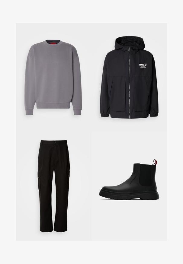 Čierna kapucňová bunda s plným predným zipsom, elastickými manžetami a dvojitými prednými vreckami. Tlačené logo na ľavej hrudi. Hladký povrch.; Sivý sveter s okrúhlym výstrihom, rebrovanými manžetami a lemom; obsahuje jemne vyšívané logo na hrudi. Mäkko, textúrovaná tkanina.; Čierne cargo nohavice vyrobené z bavlny s voľným strihom, majú bočné vrecká, zapínanie na gombík a rovné nohavice. Jednoduchý dizajn bez vzorov.; Čierne členkové topánky s hladkým povrchom, elastickými bočnými panelmi a kontrastným červeným poutkom, vybavené hrubou gumovou podrážkou a zaoblenou špičkou.