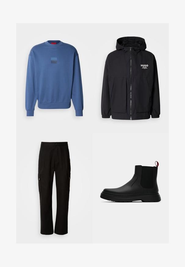 Svart hettegenser med full frontglidelås, elastiske mansjetter og doble frontlommer. Trykt logo på venstre bryst. Glatt tekstur.; Blå hettegenser laget av myk stoff, med rund hals, ribbestrikkede ermer og en liten firkantet logo i gradientnyanser foran.; Svart cargobukse laget av bomull med avslappet passform, med sidelommer, knappeåpning og rette ben. Enkelt design uten mønstre.; Sorte ankelstøvler med en glat overflade, elastiske sidepaneler og en kontrastfyldt rød trækflik, med en tykk gummisål og rund tå.