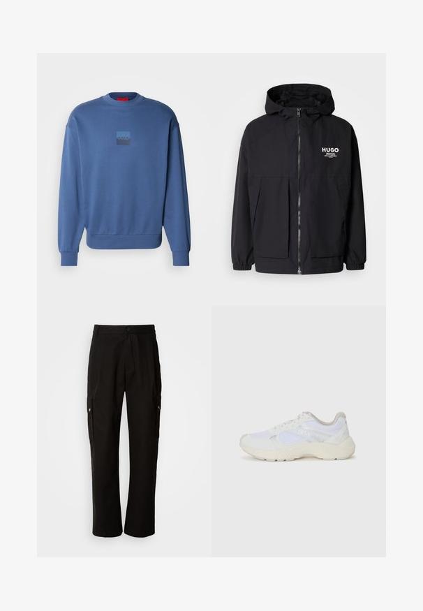 Fekete kapucnis dzseki, teljes elülső cipzárral, elasztikus mandzsettákkal és két elülső zsebbel. Nyomtatott logó a bal mellen. Simább textúra.; Puhas anyagból készült kék pulóver, kerek nyakkal, bordázott mandzsettákkal és az elülső részen elhelyezett, színátmenetes kis négyzetlogóval.; Fekete vászont nadrág laza szabással, oldalsó zsebekkel, gombos záródással és egyenes lábakkal. Egyszerű minta nélküli design.; Fehér sportcipők, amelyek hálós és velúr anyagból készültek, texturált középtalppal, texturált részletekkel és a "HUGO" logóval az oldalon.