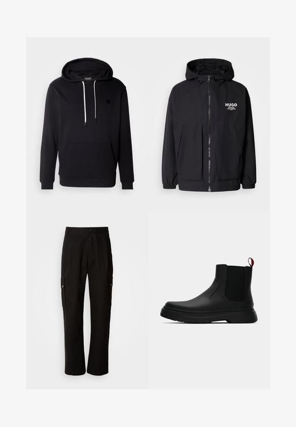 Chaqueta negra con capucha que presenta un cierre frontal completo, puños elásticos y dos bolsillos frontales. Logo impreso en el lado izquierdo del pecho. Textura suave.; Sudadera negra de tejido suave con un bolsillo tipo canguro en el frente, capucha con cordón y pequeño parche negro en el pecho.; Pantalones cargo negros de algodón con un corte relajado, que cuentan con bolsillos laterales, cierre de botón y perneras rectas. Diseño simple sin patrones.; Botín negro con un acabado liso, paneles laterales elásticos y una lengüeta de tirón roja contrastante, que presenta una suela de goma gruesa y punta redondeada.