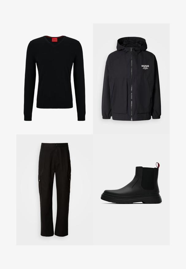 Mustat hupparitakki, jossa on täysipituinen vetoketju, joustavat hihansuut ja kaksinkertaiset etupussit. Vasemmassa rinnassa painettu logo. Sileä tekstuuri.; HUGO SAN VREDO - Neule - black; Mustat cargo-housut puuvillasta, joissa on rento istuvuus, sivutaskut, nappikiinnitys ja suorat lahkeet. Yksinkertainen muotoilu ilman kuvioita.; Musta nilkkuri, jossa on sileä pinta, elastiset sivupaneelit ja erottuva punainen vetonauha, paksu kumipohja ja pyöristetty varvas.