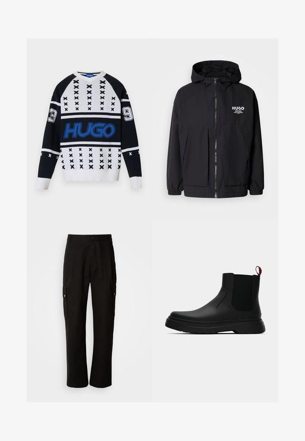Black hooded jacket featuring a full front zip, elastic cuffs, and dual front pockets. Printed logo on the left chest. Smooth texture.; Black and white knit sweater with geometric patterns, featuring bold blue logo and numbered accents (3 and 9) on sleeves. V-neck design.; Black cargo pants made of cotton with a relaxed fit, featuring side pockets, a button closure, and straight legs. Simple design without patterns.; Black ankle boot with a smooth finish, elastic side panels, and a contrasting red pull tab, featuring a thick rubber sole and rounded toe.