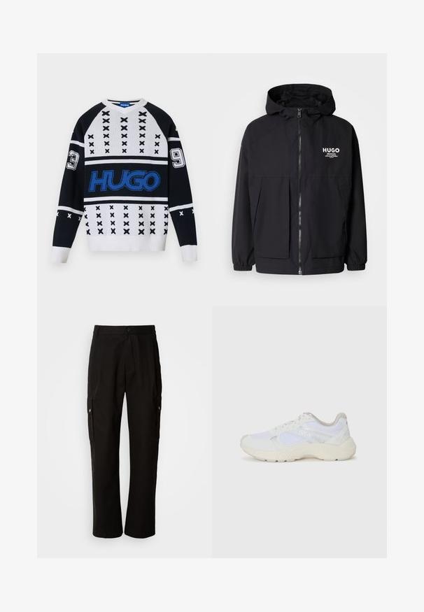 Must tumes jakk, millel on täispikktõmblukk, elastsed mansetid ja kaks esist pocketit. Prinditud logo vasakul rinnal. Sile tekstuur.; Mustvalge kootud sviiter geomeetriliste mustritega, millel on julged sinised logo ja numbrilised aktsendid (3 ja 9) varrukatel. V-kaeluse disain.; Mustad mustadeks rõivasteks mõeldud puuvillased püksid, millel on lõdva istuvuse disain, küljetaskud, nööbiga sulgemine ja sirged sääred. Lihtne disain ilma mustriteta.; Valged sportlikud jalanõud, mis on valmistatud võrkkangast ja seemisnahast, sisaldavad tekstureeritud vahetald, tekstureeritud aktsentide ning küljes oleva "HUGO" logo.