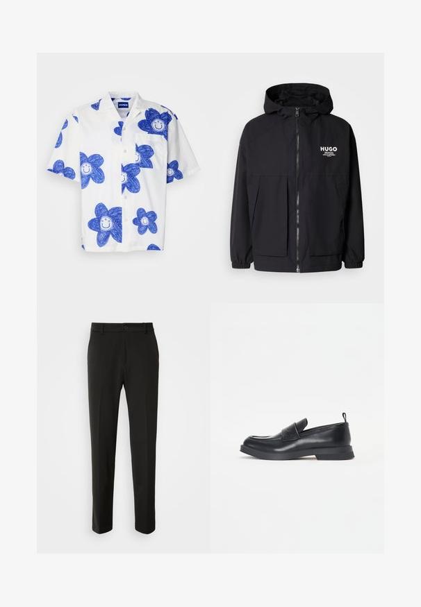 Juodas gobtuvas striukė su pilnu priekiniu užtrauktuku, elastinėmis rankovėmis ir dviem priekinėmis kišenėmis. Spausdintas logo ant kairės krūtinės. Lygus tekstūruotas paviršius.; HUGO ELIGINO - Marškiniai - white; Juodi kelnes, pagamintos iš lygaus audinio, su tiesiomis kojomis, mygtuko uždarymu ir klasikiniu dizainu, tinkamu tiek formaliai, tiek kasdienei aprangai.; Juodų odinių loaferių su apvaliu pirštu, priekinio dirželio detalėmis ir žemu guminio pado. Savybė - subtilus siuvinėjimas ir galinis tamprinis kilpos gaminys.