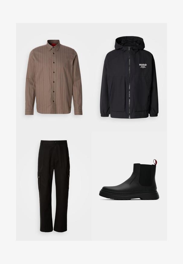 Mustat hupparitakki, jossa on täysipituinen vetoketju, joustavat hihansuut ja kaksinkertaiset etupussit. Vasemmassa rinnassa painettu logo. Sileä tekstuuri.; Ruskea nappipaita, jossa on pystysuorat tummanpunaiset raidat, puuvillasekoitekangas, viisto kaulus, pitkät hihat ja mustat napit.; Mustat cargo-housut puuvillasta, joissa on rento istuvuus, sivutaskut, nappikiinnitys ja suorat lahkeet. Yksinkertainen muotoilu ilman kuvioita.; Musta nilkkuri, jossa on sileä pinta, elastiset sivupaneelit ja erottuva punainen vetonauha, paksu kumipohja ja pyöristetty varvas.