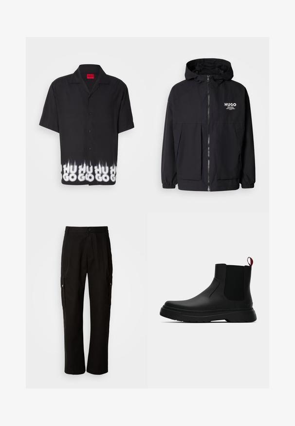 Chaqueta negra con capucha que presenta un cierre frontal completo, puños elásticos y dos bolsillos frontales. Logo impreso en el lado izquierdo del pecho. Textura suave.; Camisa negra de manga corta con botón en el frente, que presenta un diseño gráfico en blanco y gris en el dobladillo, que dice "HU GO" en un patrón de llamas.; Pantalones cargo negros de algodón con un corte relajado, que cuentan con bolsillos laterales, cierre de botón y perneras rectas. Diseño simple sin patrones.; Botín negro con un acabado liso, paneles laterales elásticos y una lengüeta de tirón roja contrastante, que presenta una suela de goma gruesa y punta redondeada.