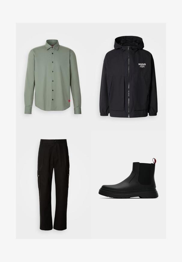 Zwarte hoodie-jack met een volledige rits aan de voorkant, elastische manchetten en twee voorzakken. Gedrukt logo op de linkerborst. Glad textuur.; Overhemd met knopen in olijfgroen, gemaakt van gladde stof. Heeft lange mouwen, zwarte knopen en een klein rood accentlabel op de zoom.; Zwarte cargobroek van katoen met een relaxte pasvorm, voorzien van zijzakken, een knoopsluiting en rechte pijpen. Eenvoudig ontwerp zonder patronen.; Zwarte enkelboot met een gladde afwerking, elastische zijpanelen en een contrasterende rode treklus, met een dikke rubberen zool en een afgeronde teen.