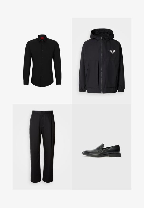 Svart hettegenser med full frontglidelås, elastiske mansjetter og doble frontlommer. Trykt logo på venstre bryst. Glatt tekstur.; Svart langermet skjorte med knapp foran, klassisk krage og rund nederkant; har svarte knapper og en rød logo inne i kragen.; Svarte bukser med rett snitt, laget av lett stoff. Har knappelukking foran og to sidelommer; glatt tekstur.; Sorte skinnloafers med en jevn tekstur, spiss tå og en lav, rektangulær hæl. Har horisontal stroppdetalj over vristen.