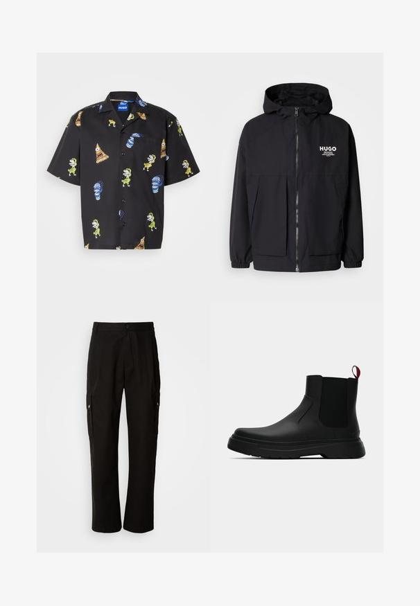 Čierna kapucňová bunda s plným predným zipsom, elastickými manžetami a dvojitými prednými vreckami. Tlačené logo na ľavej hrudi. Hladký povrch.; Čierne tričko s krátkym rukávom, na ktorom sú farebné vzory rozprávkových postáv a predmetov. Vyrobené z ľahkej tkaniny, obsahuje zelené a modré akcenty.; Čierne cargo nohavice vyrobené z bavlny s voľným strihom, majú bočné vrecká, zapínanie na gombík a rovné nohavice. Jednoduchý dizajn bez vzorov.; Čierne členkové topánky s hladkým povrchom, elastickými bočnými panelmi a kontrastným červeným poutkom, vybavené hrubou gumovou podrážkou a zaoblenou špičkou.