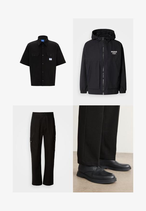 Black hooded jacket featuring a full front zip, elastic cuffs, and dual front pockets. Printed logo on the left chest. Smooth texture.; Black short-sleeve shirt with a structured collar, two front pockets, button closure, and a small blue and white logo tag on the left side.; Black cotton T-shirt with a crew neck, featuring a textured black patch with logo on the left chest. Short sleeves and relaxed fit.; Black cargo pants made of cotton with a relaxed fit, featuring side pockets, a button closure, and straight legs. Simple design without patterns.; Black leather shoes with a rounded toe, flat sole, and minimal detailing. Paired with tailored black pants, showing smooth texture.