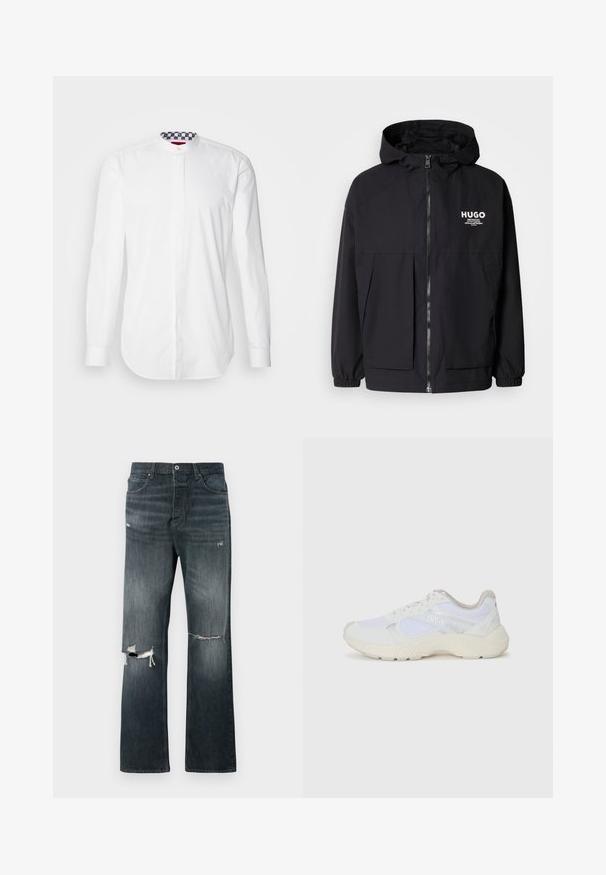 Fekete kapucnis dzseki, teljes elülső cipzárral, elasztikus mandzsettákkal és két elülső zsebbel. Nyomtatott logó a bal mellen. Simább textúra.; Fehér, hosszú ujjú ing magas gallérral, sötétkék és fehér mintás bélésgallérral. Simább textúrájú és normál szabású dizájn.; Sötét mosású, laza szabású farmernadrág, két kopott térdrésszel, standard gombos záródással és öt zsebes kialakítással.; Fehér sportcipők, amelyek hálós és velúr anyagból készültek, texturált középtalppal, texturált részletekkel és a "HUGO" logóval az oldalon.
