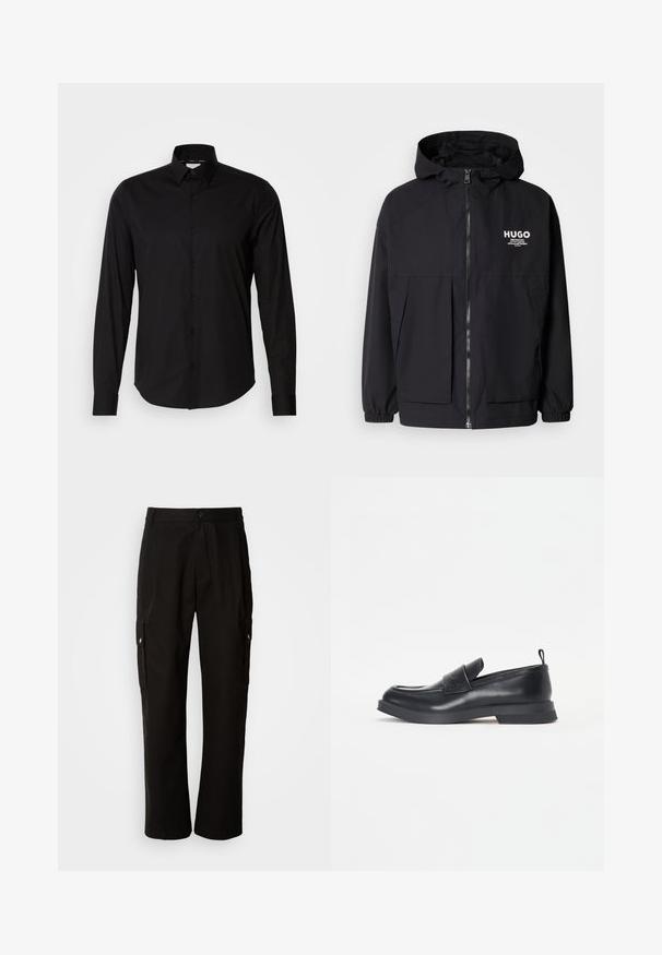 Črna kapuca jakna z full front zadrgo, elastičnimi manšetami in dvema sprednjima žepoma. Natisnjena logo na levi prsni strani. Gladka tekstura.; Črna srajca z dolgimi rokavi iz gladkega blaga. Ima klasičen ovratnik, zadrgo s gumbi in ravno rob. Brez vzorcev ali dodatkov.; Črne cargo hlače iz bombaža z sproščenim krojem, opremljene s stranskimi žepi, gumbom za zapiranje in ravnimi nogami. Preprost dizajn brez vzorcev.; Črne usnjene loafersice z zaobljenim nosom, sprednjim pasom in nizkim gumijastim podplatom. Imajo subtilno šivanje in zadnji trak za omogočanje obuvanja.