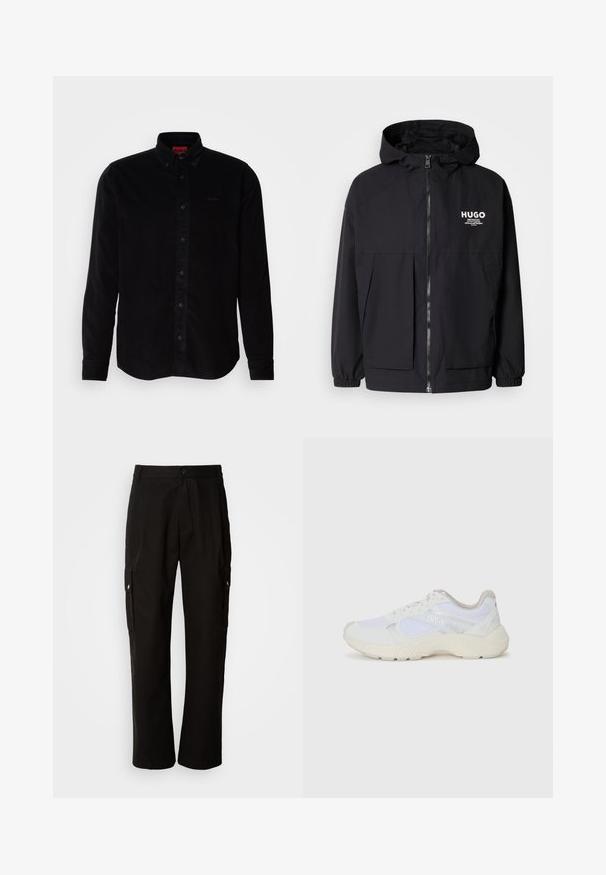 Sort hættejakke med lynlås foran, elastiske manchetter og to foran lommer. Trykt logo på venstre bryst. Glat tekstur.; Sort corduroy skjorte med lange ærmer, krave med knapper og et subtilt logo broderet på brystet. Klassisk pasform med en struktureret overflade.; Sorte cargo bukser lavet af bomuld med en afslappet pasform, der har sidelommer, knaplukning og lige ben. Enkel design uden mønstre.; Hvide sportssko lavet af mesh og ruskind, med en struktureret mellemsål, strukturerede detaljer og "HUGO"-logoet på siden.