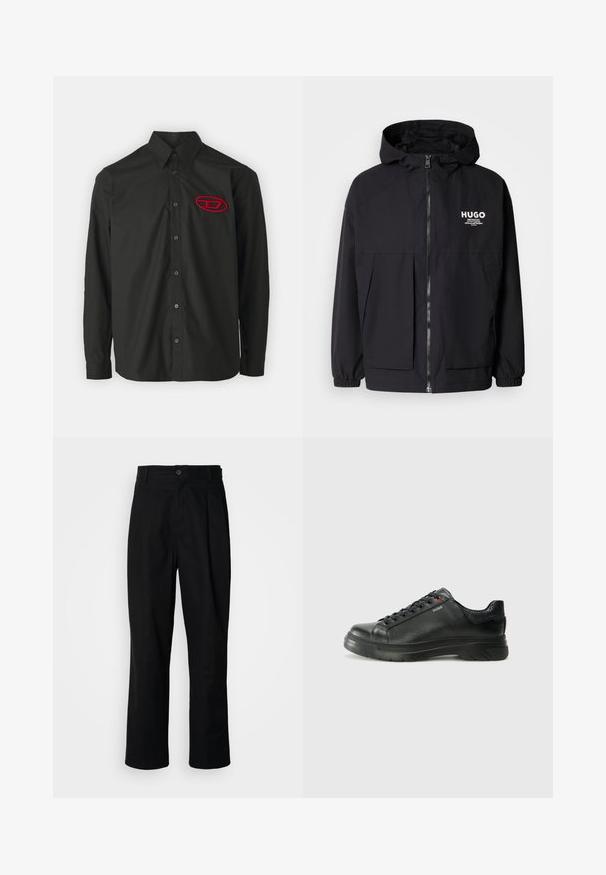 Svart hettegenser med full frontglidelås, elastiske mansjetter og doble frontlommer. Trykt logo på venstre bryst. Glatt tekstur.; Svart langermet skjorte med skjortekrage. Har en rød brodert logo på venstre bryst og matchende svarte knapper.; Sorte bukser med rette ben, med knappet liv, belteholdere og frontfold, vist mot en enkel hvit bakgrunn.; Svarte lærsneakers med teksturert overdel, polstret krage og rød logodetalj. Har en tykk gummisåle med tydelig mønster.