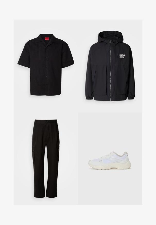 Svart hettegenser med full frontglidelås, elastiske mansjetter og doble frontlommer. Trykt logo på venstre bryst. Glatt tekstur.; Svart kortermet skjorte med knapper, teksturert mønster, spiss krage og merkelapp i rødt, med synlige knapper langs knappestolpen.; Svart cargobukse laget av bomull med avslappet passform, med sidelommer, knappeåpning og rette ben. Enkelt design uten mønstre.; Hvit idrettssko laget av mesh og skinn, med en teksturert mellomsåle, teksturerte detaljer og "HUGO"-logo på siden.