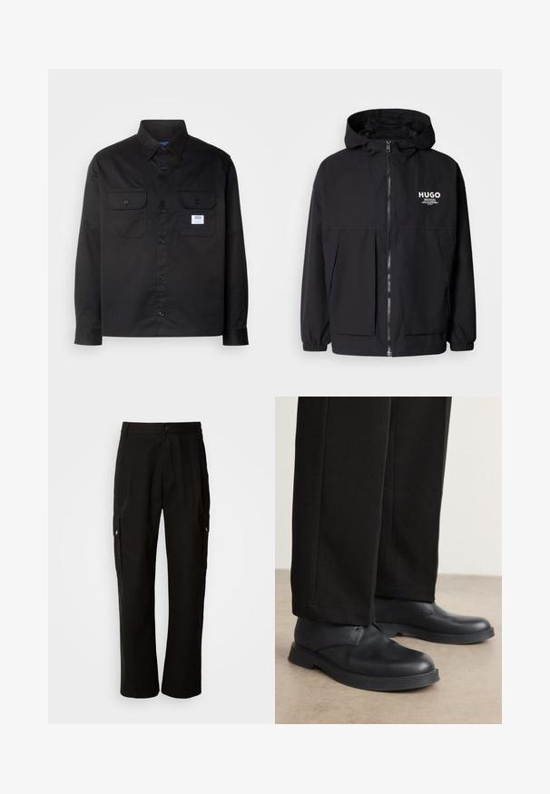 Black hooded jacket featuring a full front zip, elastic cuffs, and dual front pockets. Printed logo on the left chest. Smooth texture.; Black long-sleeve shirt made of cotton. Features a button-up design, two chest pockets, and a small logo label on the left pocket.; Black cotton T-shirt with a crew neck, featuring a textured black patch with logo on the left chest. Short sleeves and relaxed fit.; Black cargo pants made of cotton with a relaxed fit, featuring side pockets, a button closure, and straight legs. Simple design without patterns.; Black leather shoes with a rounded toe, flat sole, and minimal detailing. Paired with tailored black pants, showing smooth texture.